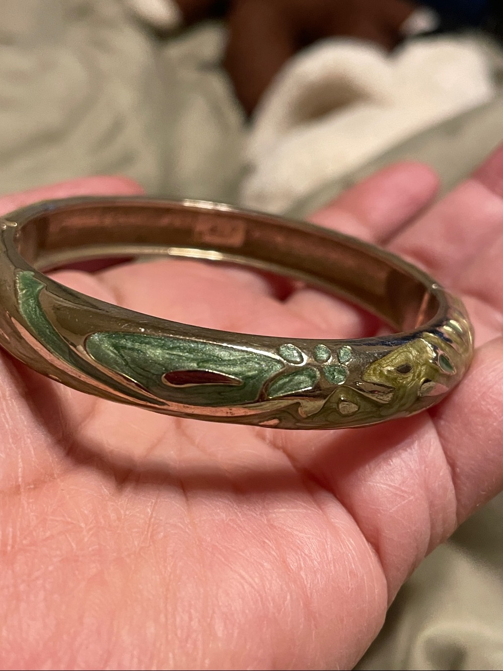 Floral Enamel Hinged Bangle Bracelet - Green Accent